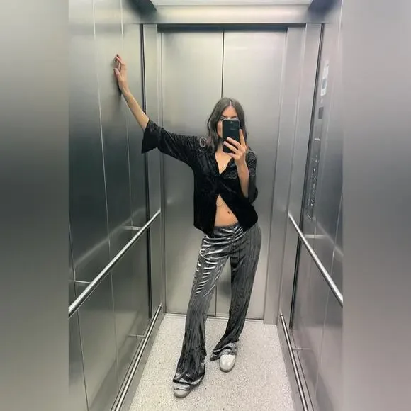 Zara Grey Velvet Flare Pants Size Medium - Picture 3 of 13